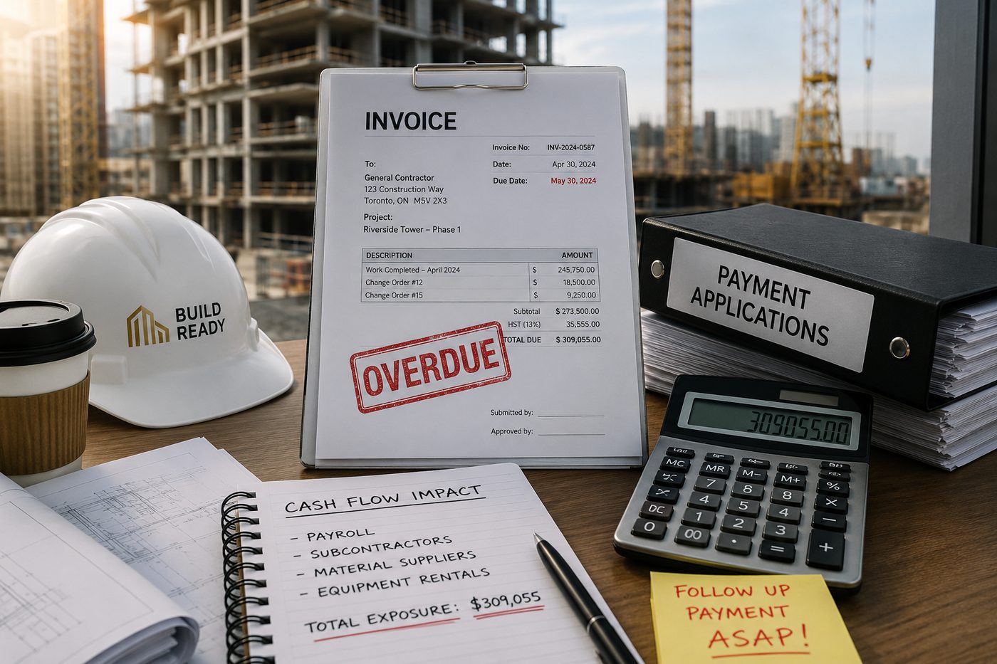 Overdue progress invoice for $309,055 with a cash flow impact worksheet listing payroll, subcontractors, material suppliers and equipment rentals