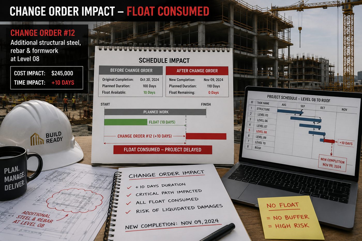 Change order impact analysis showing 10 days of float consumed, completion moving from Oct 30 to Nov 09, and the critical path affected