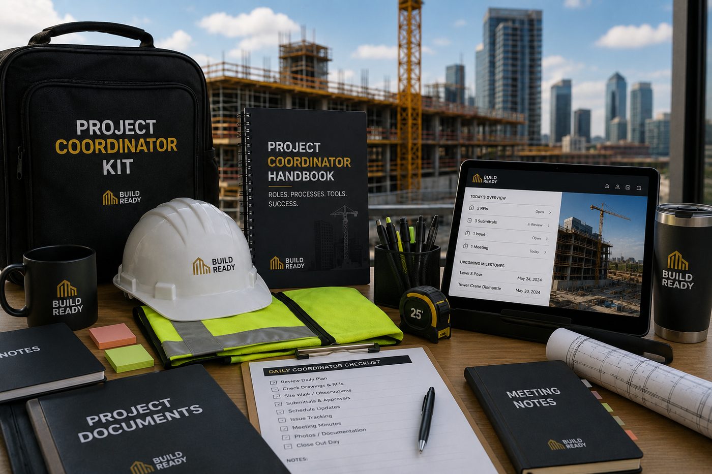BuildReady Project Coordinator Kit — handbook, daily coordinator checklist, project document and meeting notebooks, branded hard hat and hi-vis vest